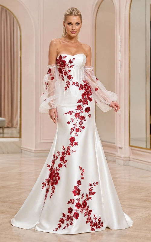 Rotes, geblümtes, langärmeliges, schulterfreies Brautkleid im Meerjungfrauenstil aus Satin mit Herzausschnitt und Satinausschnitt