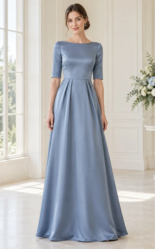 Vestido largo de dama de honor de satén plisado de manga corta con escote barco en azul acero discreto