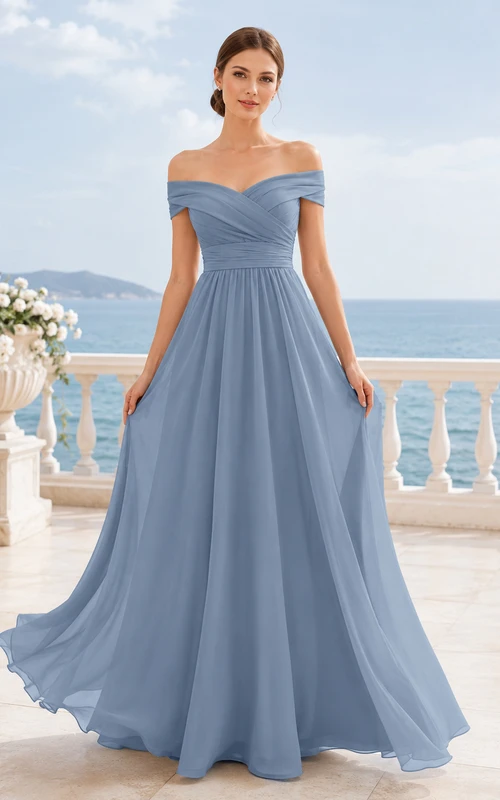 Dusty blue convertible off shoulder chiffon floor length bridesmaid dress