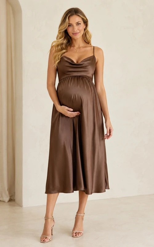Robe nuisette de maternité chocolat, col bénitier, fines bretelles, satin, longueur thé, style nuisette, en satin, couleur chocolat, robe de cocktail nuisette mi-longue à bretelles spaghetti et col bénitier.
