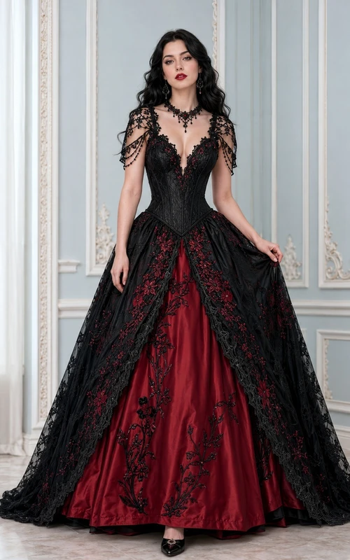 Schwarzes rotes Spitzen-Ballkleid mit V-Ausschnitt, kurzen Ärmeln und Gothic-Flair – romantisches Abendkleid