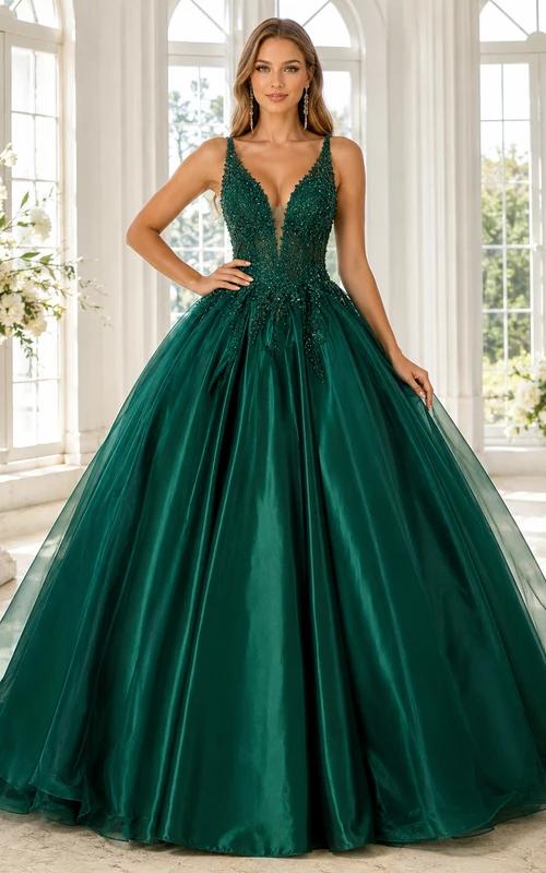 Vestido de fiesta largo hasta el suelo de encaje floral y tul color verde esmeralda oscuro con escote en V, tirantes y espalda en V profunda, ideal para quinceañeras o graduaciones.
