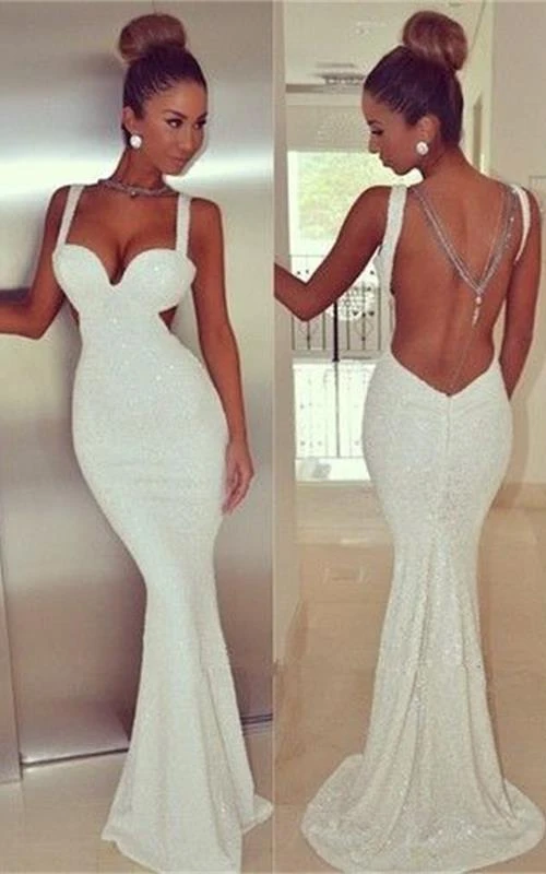 Robe de bal sirène blanche à sequins dos nu sexy sans manches