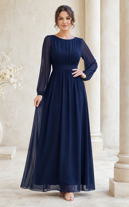 Dark Navy Chiffon Jewel Neck Long Sleeve A-Line Formal Gown