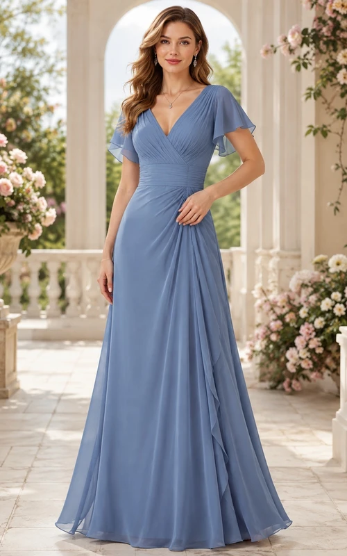 Slate Blue Chiffon Short Sleeve A-Line V-Neck Floor Length Bridesmaid Gown