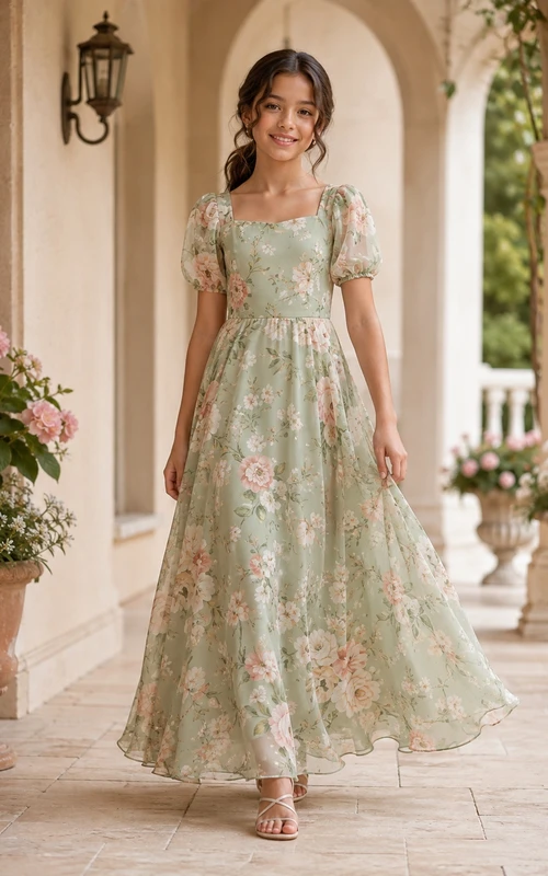 Celadonfarbenes Brautjungfernkleid für junge Mädchen, A-Linie, eckig, kurze Ärmel, Puffärmel, Chiffon, floral, romantisch