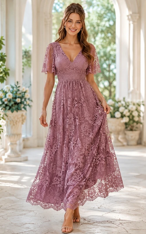 Vestido formal largo hasta el suelo, de corte A, elegante, romántico, con escote en V, manga corta, encaje y estilo vintage, color malva.