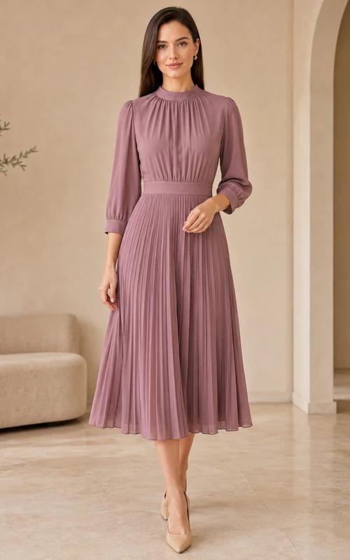 Robe modeste en mousseline mauve plissée à col montant et manches longues, coupe trapèze, longueur thé, col montant et manches hautes