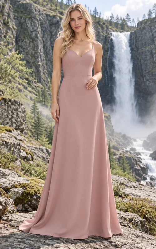 Sencillo vestido de novia de corte A en crepé color rosa empolvado con escote corazón y tirantes finos.