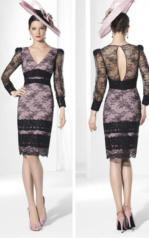 Bleistiftförmiger, applizierter, knielanger V-Ausschnitt, Illusionsärmel, Spitzen-Abendkleid