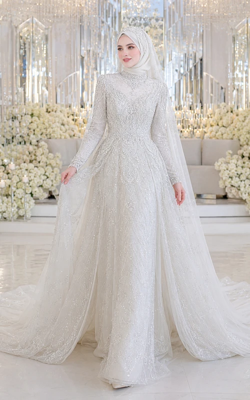 Modest Muslim Simple Nikah Stage Satin Bridal Gown