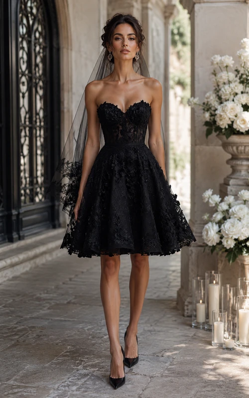 Black Strapless Lace Short Wedding Dress