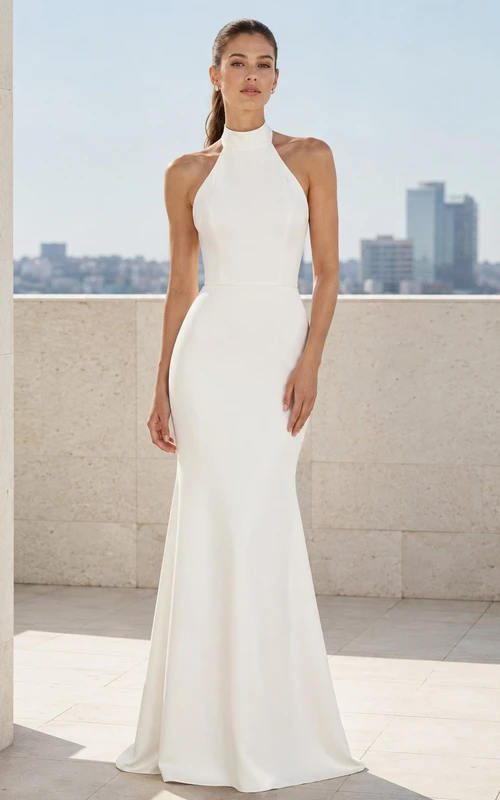 Vestido formal blanco sin mangas, de corte A, largo hasta el suelo, con espalda descubierta y escote halter.