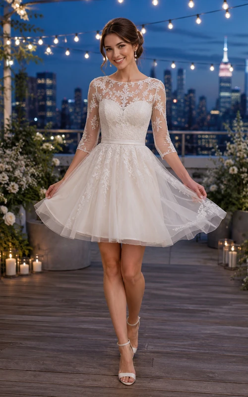 Vestido de novia corto de tul con cuello alto y mangas de encaje para azotea