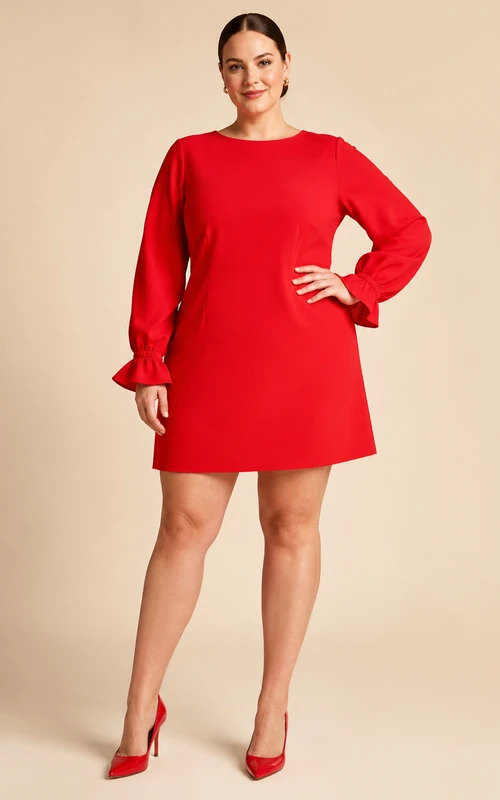 Rotes Minikleid mit Schmuckkragen und Bischofsärmeln in Übergröße