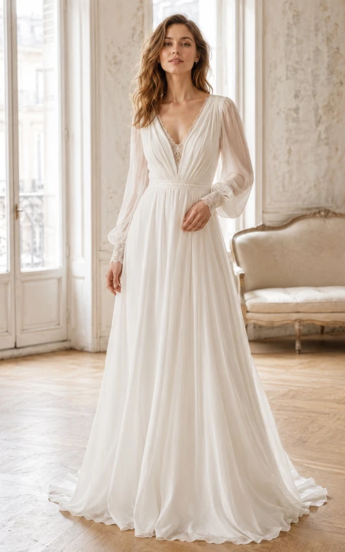 Robe de mariée de soirée raffinée en mousseline de soie, décolleté plongeant en V, manches gigot, coupe trapèze, traîne drapée, dos nu plongeant en V.
