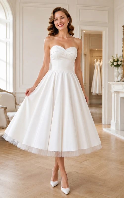 White Strapless Sweetheart Satin A-Line Tea-Length Vintage Cocktail Party Dress