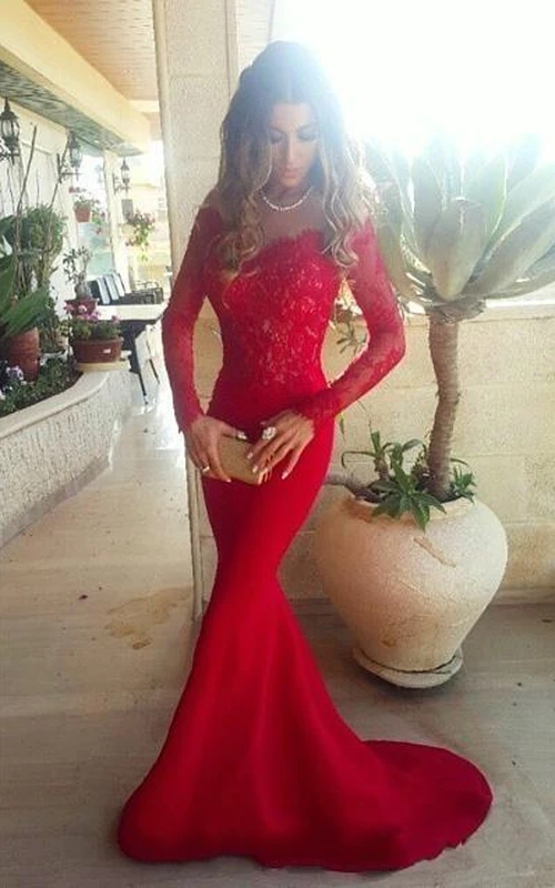 Sexy rotes Meerjungfrauen-Abendkleid mit Spitzenapplikationen, Schleppe und langen Ärmeln