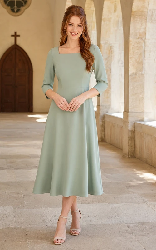 Sage Three Quarter Sleeve Jewel Neck Modest Communion Midi Dress