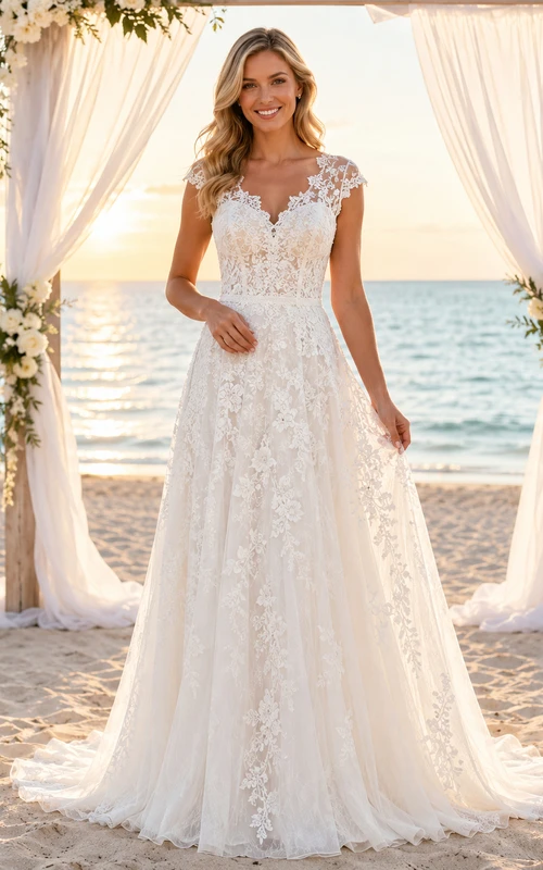 Romantic V neck lace vow renewal A-line wedding dress