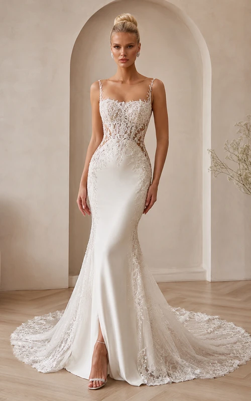 Robe de mariée sirène en satin et dentelle lumineuse, col carré, sans manches, traîne chapelle, godets, style pavillon.