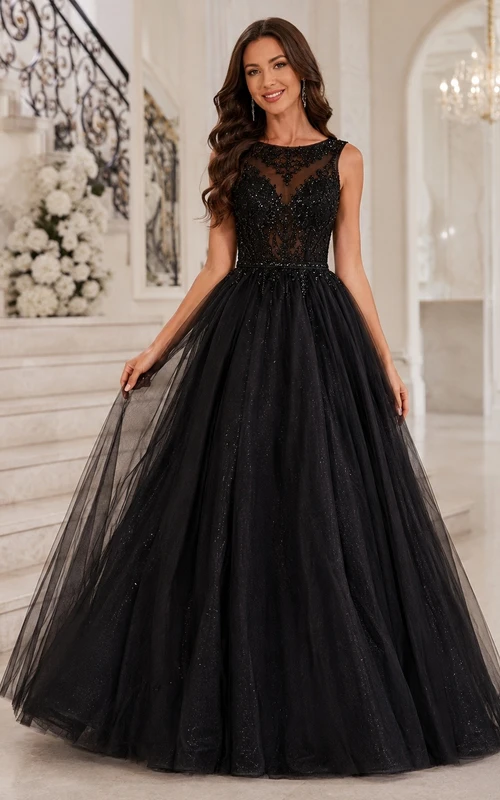 Black Illusion Sleeveless Lace Ball Gown Floor-length Tulle Romantic Luxury Evening Dress