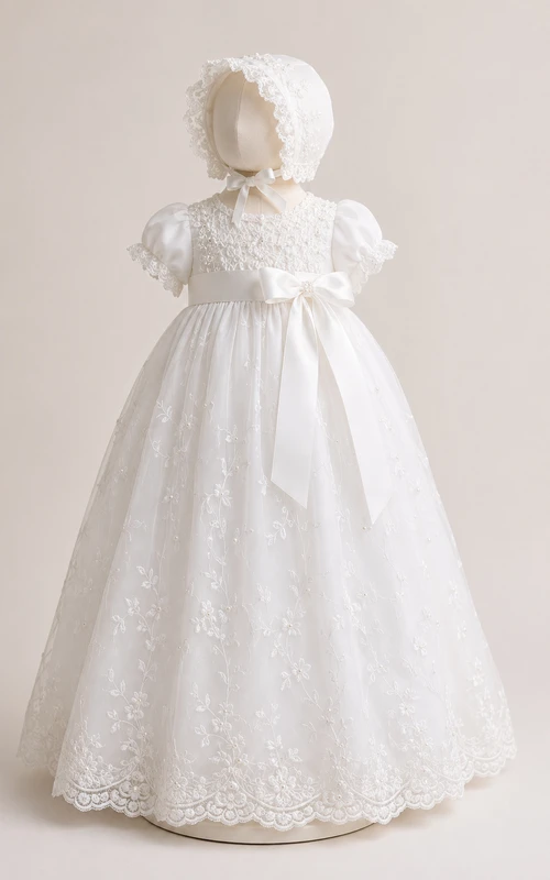 Baby Christening Gown Vintage Modest Princess Ball Gown Puff Sleeve Tulle Lace Floor-Length with Bonnet in White