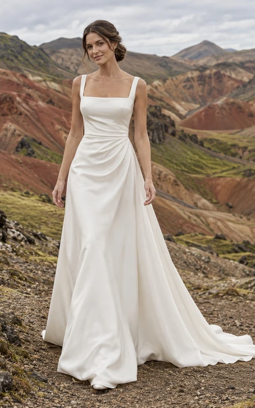 Vestido de novia sencillo de corte A en crepé con espalda de satén y escote cuadrado, con cintura drapeada.