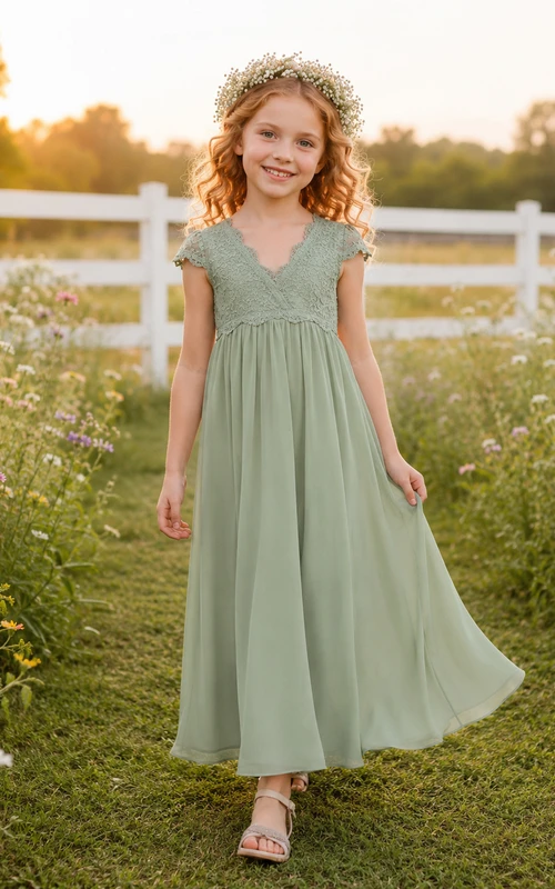Blumenmädchenkleid aus salbeifarbenem Chiffon, A-Linie, mit flatternden Ärmeln, V-Ausschnitt, bodenlang, plissiert