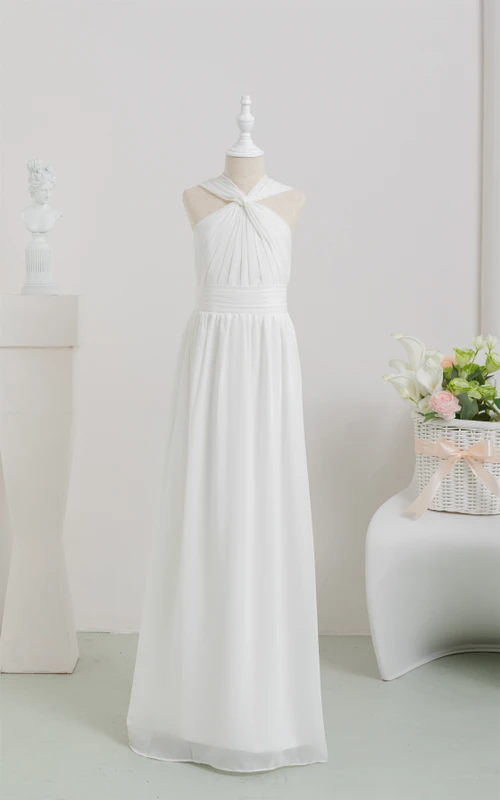 Vestido largo de gasa blanco estilo imperio para niña de las flores, ideal para la comunión.