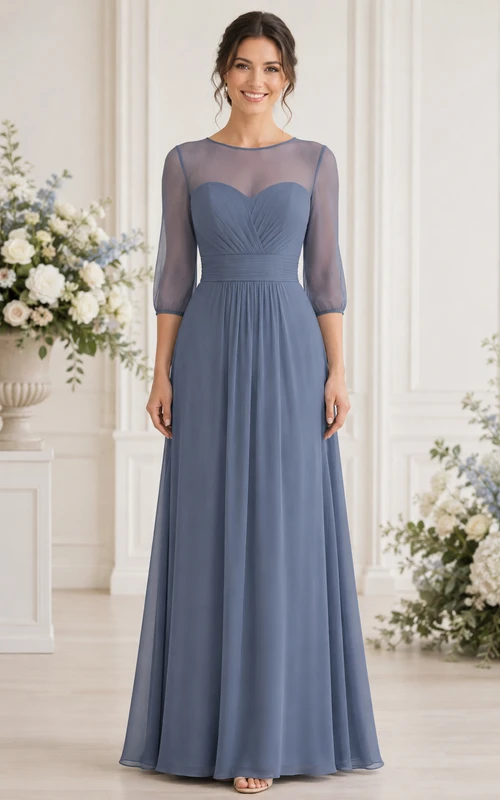 Vestido de dama de honor de gasa azul acero con mangas ilusión y corte en A