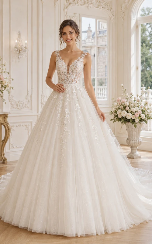 Robe de bal princesse en dentelle et tulle, robe de bal, col en V, sans manches, train chapelle