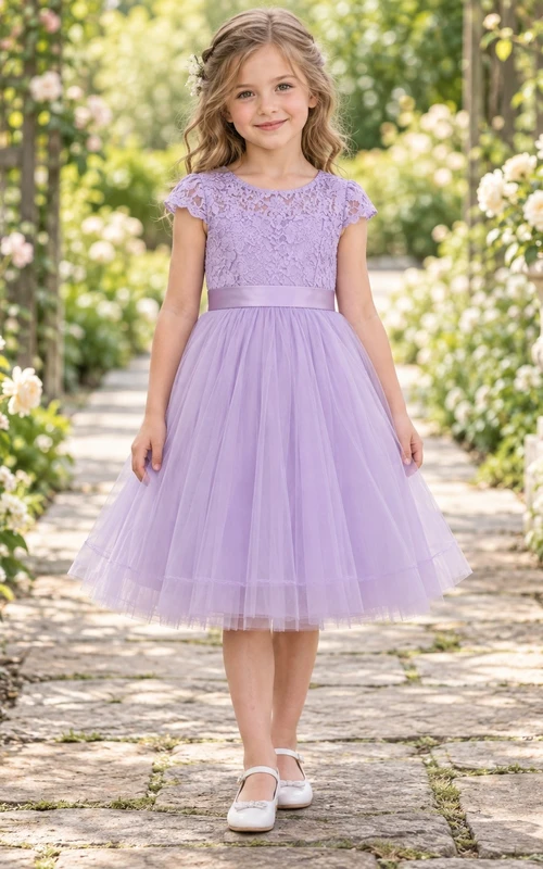 Lavender Cap Sleeve Floral Lace Tea-length A-Line Gathered Tulle Satin Waist Bow Flowergirl Dress