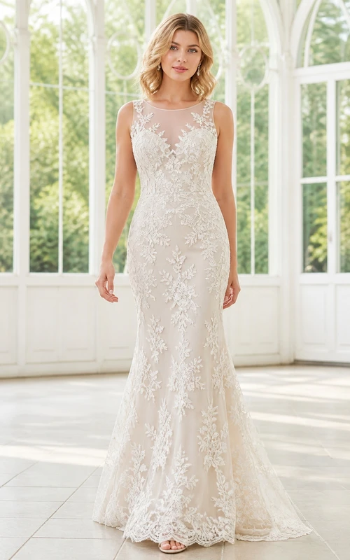 Vestido de novia modesto, de corte recto, sin mangas y con apliques florales y cuello alto.