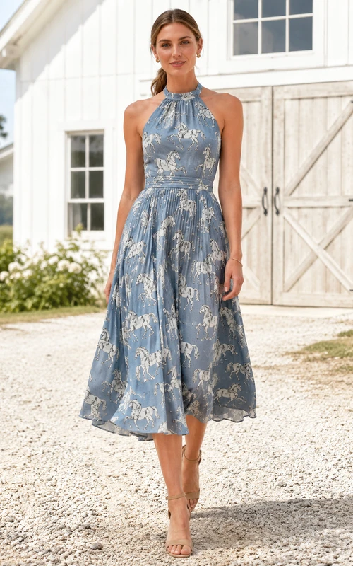 Vestido midi de corte A sin mangas con escote halter y estampado de caballos azules, estilo campestre.
