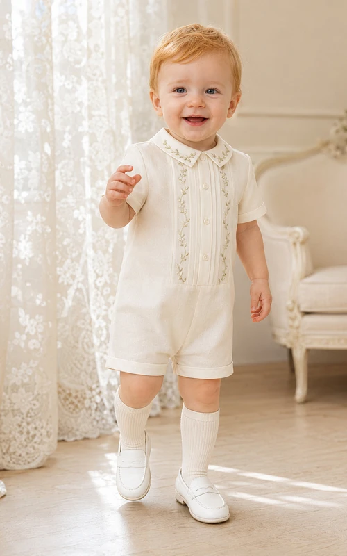 Eleganter cremefarbener Baby-Tauf-Strampler mit kurzen Ärmeln und Blumenstickerei