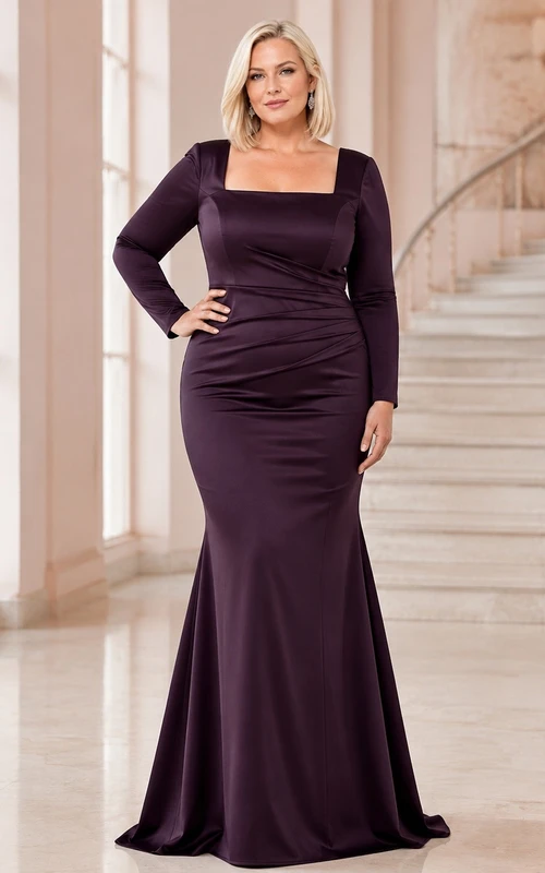 Sexy Plum Velvet Mermaid Floor-Length Square Neck Long Sleeve Evening Dress