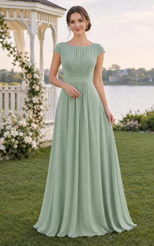 Robe de demoiselle d'honneur junior en mousseline plissée vert sauge à manches courtes et longueur au sol