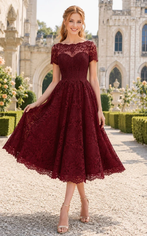 Vestido de invitada largo hasta la rodilla con mangas cortas y escote barco color burdeos y encaje.