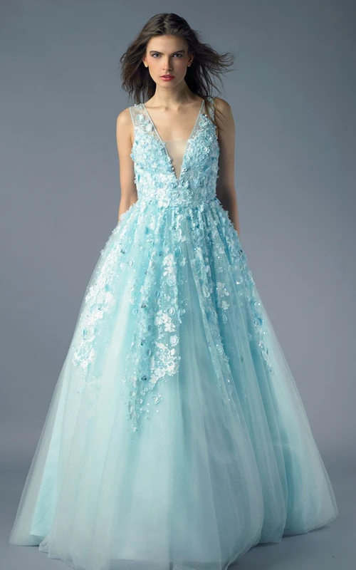 Robe longue trapèze à col en V sans manches en tulle illusion