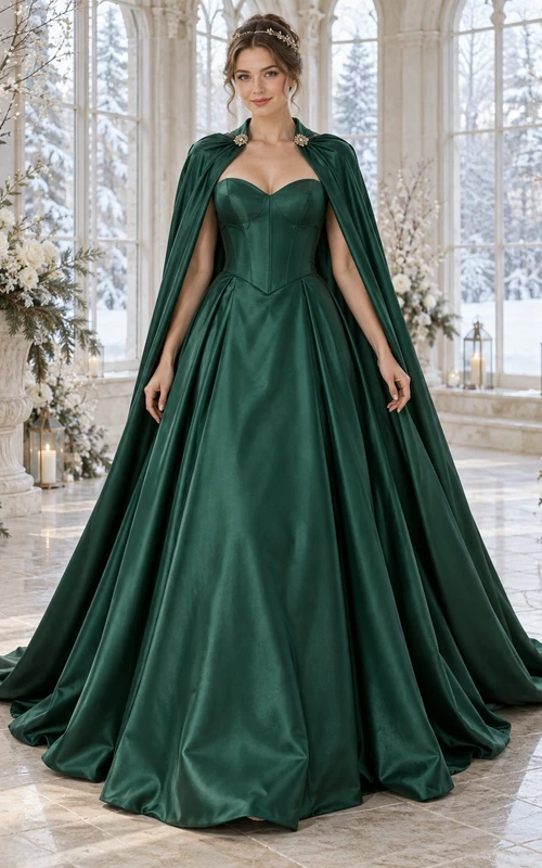 Vestido de novia largo de satén con capa y paneles, corte A, color verde oscuro, estilo vestido de invierno.