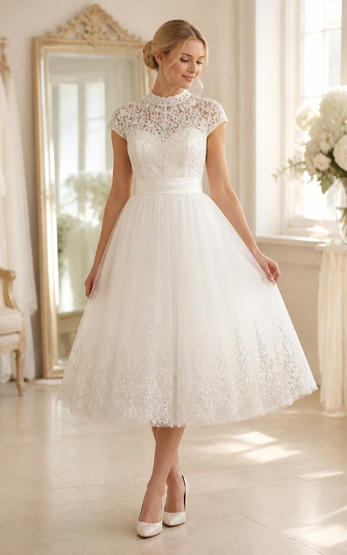 Vestido de novia modesto de corte A hasta la rodilla con cuello alto y mangas cortas
