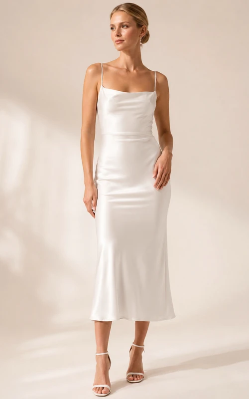 Robe de mariée civile simple à bretelles spaghetti, fourreau en satin, longueur thé, style court
