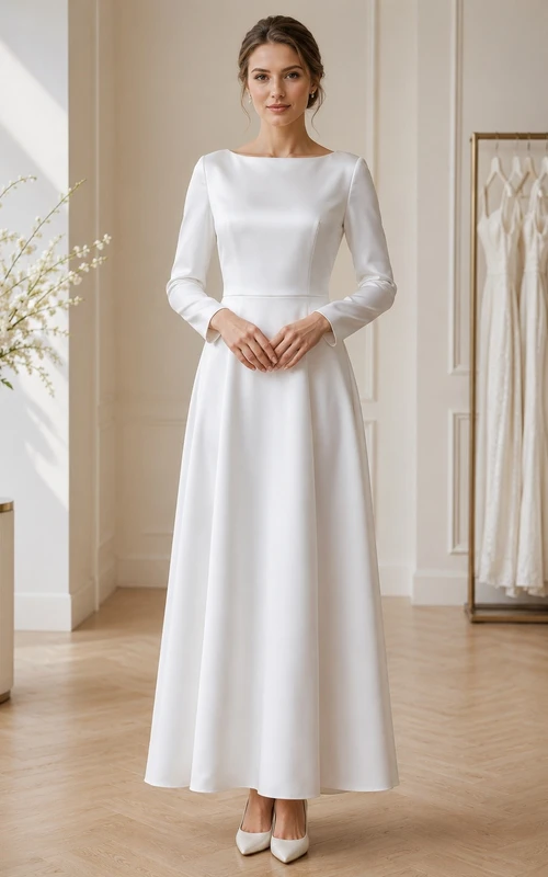 White Chiffon Jewel Neck Long Sleeve Floor-Length Flowergirl Dress