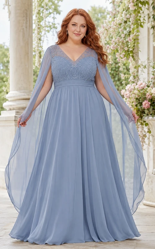 Slate Blue Plus Size Poet Sleeve Chiffon V-Neck A-Line Formal Gown