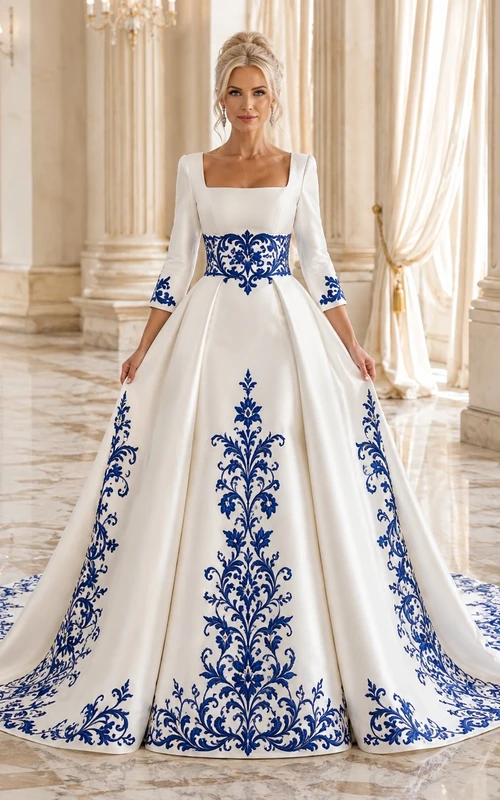 Königsblaues, schlichtes Ballkleid mit eckigem Ausschnitt und langen Ärmeln aus Satin
