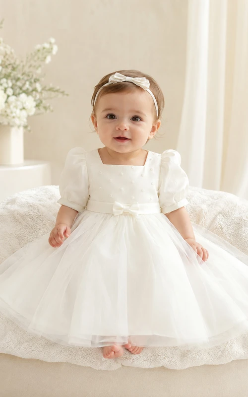 Baby Baptism Christening Ceremony Dress A-Line Knee-Length Square Neck Puff Sleeve Tulle Satin Button Back