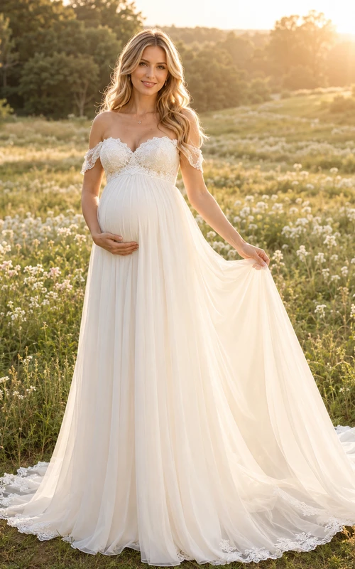 Maternity Wedding Dress Off-the-Shoulder Lace Sleeve A-Line Country Bridal Gown with Train