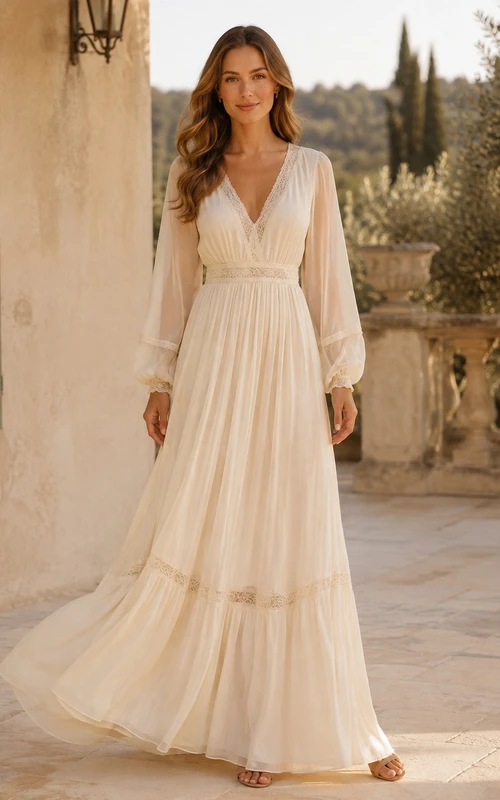 Cream Chiffon V-Neck Long Sleeve Tiered Floor-Length A-Line Bohemian Dress