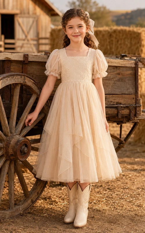 A-Line Flowergirl Champagne Tulle Tea-Length Puff Sleeve Ranch Wedding Dress